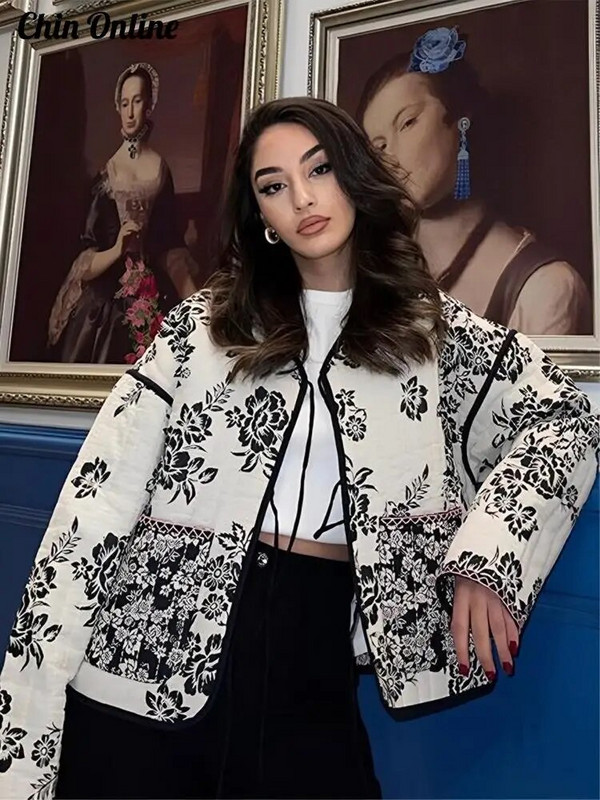 Moetrükiga ümberpööratav puuvillane jakk, naiste 2023. aasta pikkade varrukatega sügistalvejoped Naiste vintage pitsilised taskud Naiste mantel