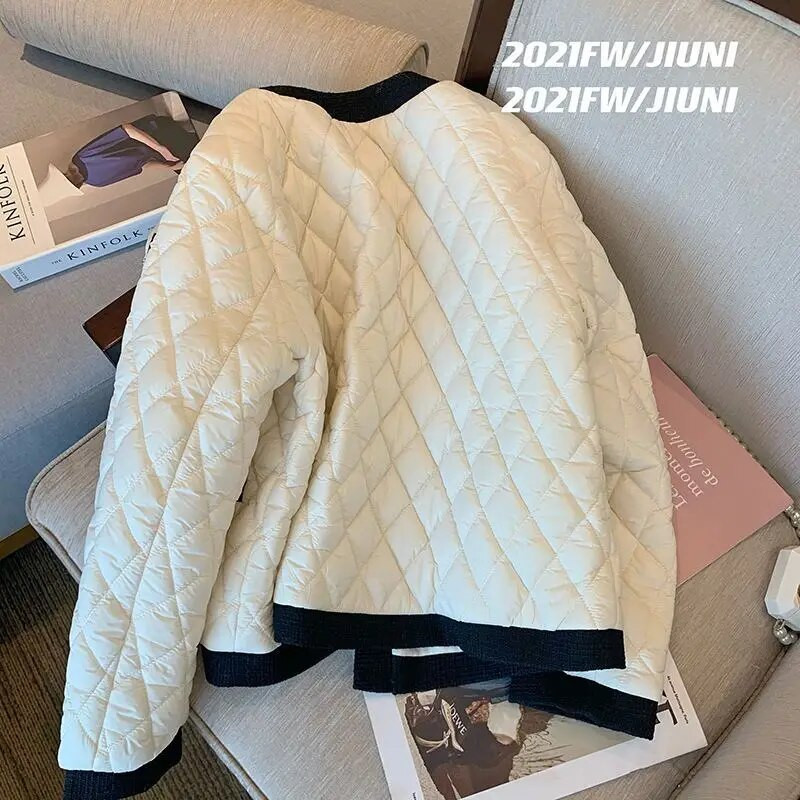 Dygsniuoti medvilniniai pūkiniai paltai Didelio dydžio viršutiniai drabužiai Argyle Plaid Parka Žieminis paltas Prašmatnus Chaquetas Mujer Trumpas Parkas Viršutinė striukė