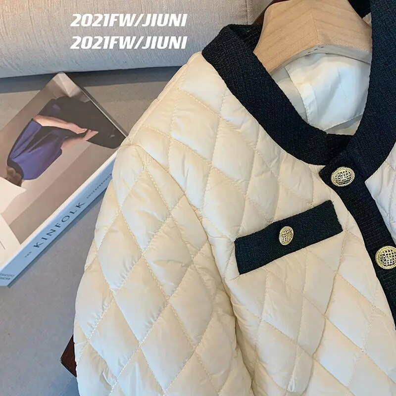 Dygsniuoti medvilniniai pūkiniai paltai Didelio dydžio viršutiniai drabužiai Argyle Plaid Parka Žieminis paltas Prašmatnus Chaquetas Mujer Trumpas Parkas Viršutinė striukė