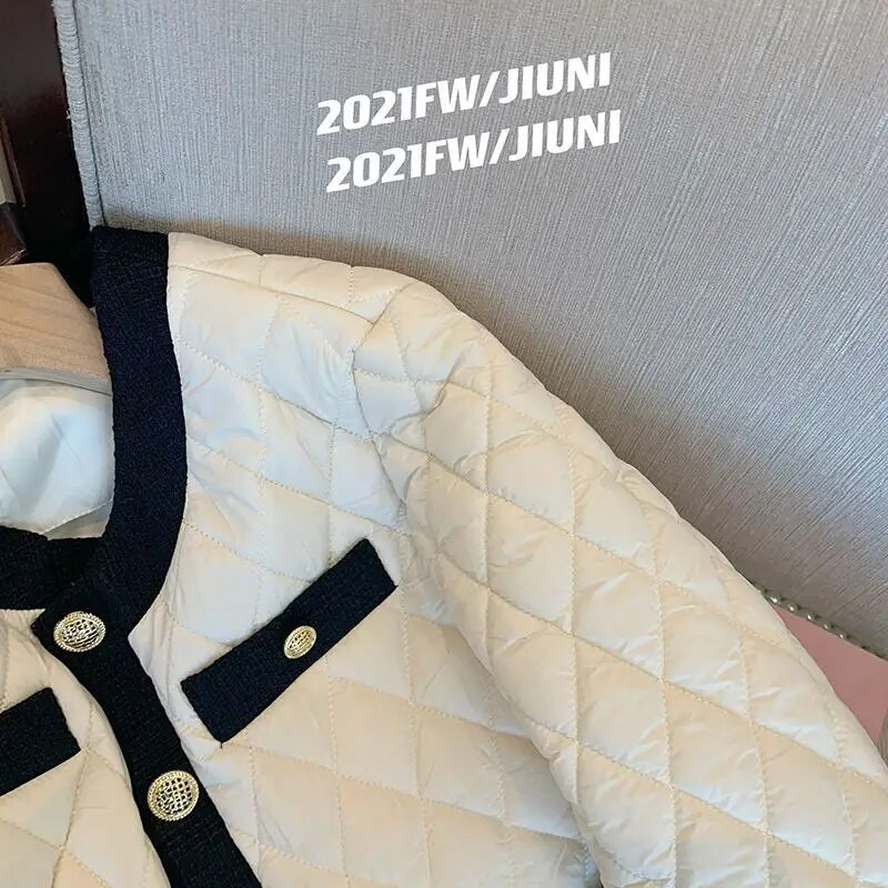 Dygsniuoti medvilniniai pūkiniai paltai Didelio dydžio viršutiniai drabužiai Argyle Plaid Parka Žieminis paltas Prašmatnus Chaquetas Mujer Trumpas Parkas Viršutinė striukė