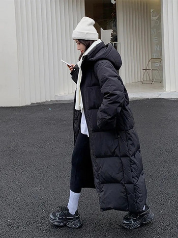 Κορεάτικο γυναικείο χειμερινό μπουφάν 2023 Μακρύ παλτό παρκά με κουκούλα Ζεστό χοντρό μαύρο μπεζ αντιανεμικό γυναικείο πουπουλένιο βαμβακερό παλτό