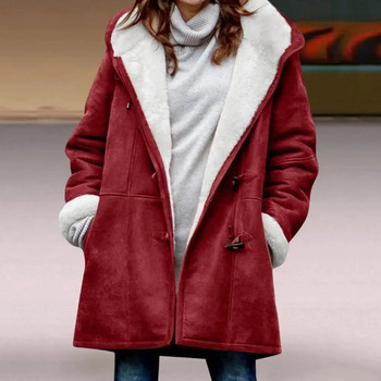 Ветроустойчиво кожено връхно облекло Streetwear Дамско мъхесто яке С поларена подплата и качулка с рогови копчета Средна дължина Зимно палто