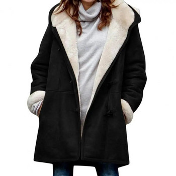 Αντιανεμικό γούνινο πανωφόρι Γυναικεία μπουφάν Fuzzy Fleece με κουκούλα κουμπιά κέρατο μεσαίου μήκους Χειμερινό πανωφόρι