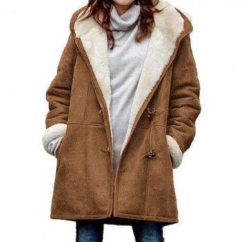 Ветроустойчиво кожено връхно облекло Streetwear Дамско мъхесто яке С поларена подплата и качулка с рогови копчета Средна дължина Зимно палто