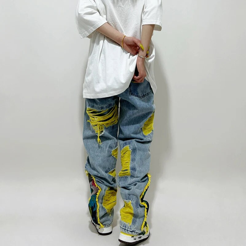 Maalimine Tikitud Plaaster Teksapüksid Rebenenud Teksad Naiste Tänavarõivad Pestud Hävitatud Plisseeritud Sirged Tutid Lapikujulised kaubapüksid