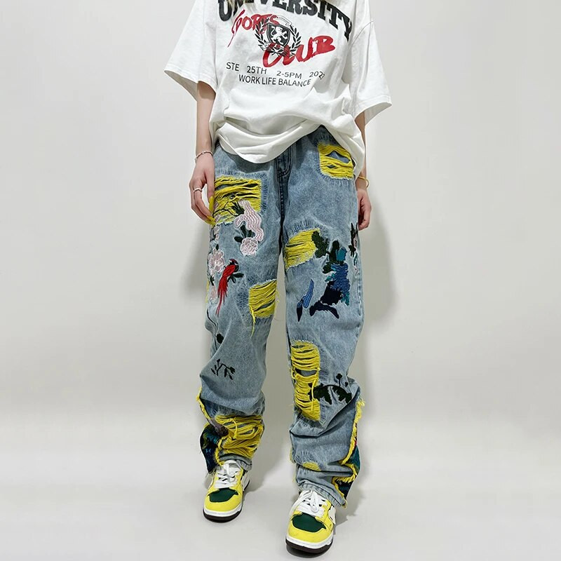 Maalimine Tikitud Plaaster Teksapüksid Rebenenud Teksad Naiste Tänavarõivad Pestud Hävitatud Plisseeritud Sirged Tutid Lapikujulised kaubapüksid