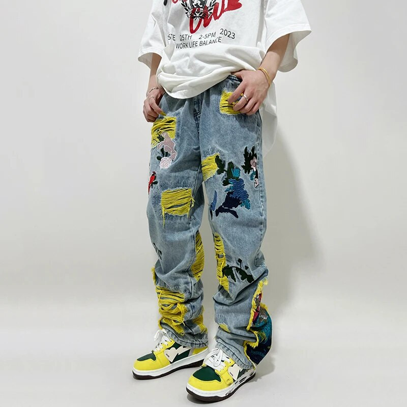 Maalimine Tikitud Plaaster Teksapüksid Rebenenud Teksad Naiste Tänavarõivad Pestud Hävitatud Plisseeritud Sirged Tutid Lapikujulised kaubapüksid