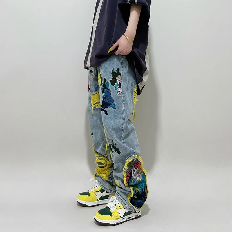 Maalimine Tikitud Plaaster Teksapüksid Rebenenud Teksad Naiste Tänavarõivad Pestud Hävitatud Plisseeritud Sirged Tutid Lapikujulised kaubapüksid