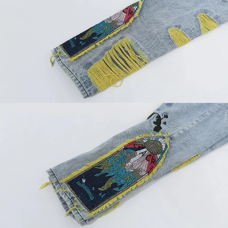 Maalimine Tikitud Plaaster Teksapüksid Rebenenud Teksad Naiste Tänavarõivad Pestud Hävitatud Plisseeritud Sirged Tutid Lapikujulised kaubapüksid