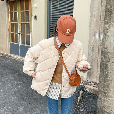 Korėjos deimantais paminkštinta moteriška striukė be apykaklės Lengva šilta parkas rudens žiemai tinkami populiarūs viršutiniai moteriški drabužiai