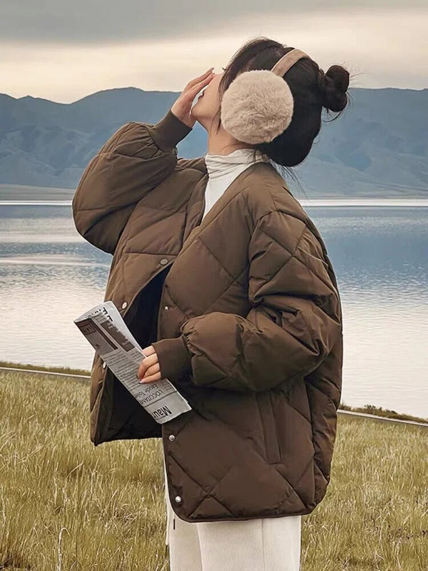 Korėjos deimantais paminkštinta moteriška striukė be apykaklės Lengva šilta parkas rudens žiemai tinkami populiarūs viršutiniai moteriški drabužiai