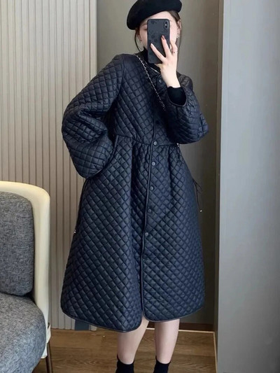 Didelio dydžio lengvas ilgas pūkinis paltas Korėjietiškos plonos pūkinės striukės Argyle Plaid Casacos Para Baixo Šiltai baltas Jaqueta Puffer