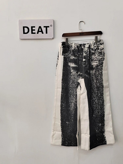 DEAT Fashion Naiste Teksad Pingutuspael kõrge vöökoht, sirge lai jalg, kontrastsus värvitrükiga teksapüksid Kevad 2023 Uus 17A5741