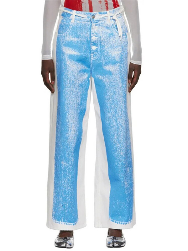 DEAT Fashion Naiste Teksad Pingutuspael kõrge vöökoht, sirge lai jalg, kontrastsus värvitrükiga teksapüksid Kevad 2023 Uus 17A5741