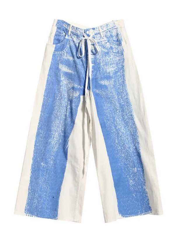 DEAT Fashion Naiste Teksad Pingutuspael kõrge vöökoht, sirge lai jalg, kontrastsus värvitrükiga teksapüksid Kevad 2023 Uus 17A5741