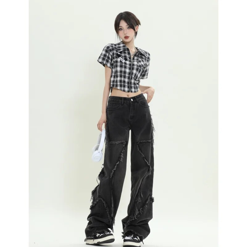 Juodi džinsai, moteriški tvirti aukštu juosmeniu, nudėvėtos amerikietiškos plačios kelnės, madingos Y2K kuprinės vintažinės moteriškos NAUJOS rudeninės tiesios kelnės