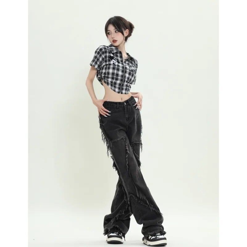 Juodi džinsai, moteriški tvirti aukštu juosmeniu, nudėvėtos amerikietiškos plačios kelnės, madingos Y2K kuprinės vintažinės moteriškos NAUJOS rudeninės tiesios kelnės