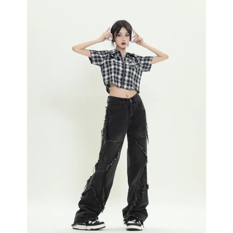 Juodi džinsai, moteriški tvirti aukštu juosmeniu, nudėvėtos amerikietiškos plačios kelnės, madingos Y2K kuprinės vintažinės moteriškos NAUJOS rudeninės tiesios kelnės