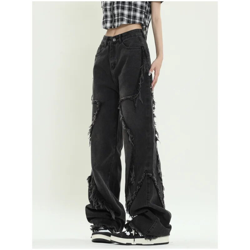 Juodi džinsai, moteriški tvirti aukštu juosmeniu, nudėvėtos amerikietiškos plačios kelnės, madingos Y2K kuprinės vintažinės moteriškos NAUJOS rudeninės tiesios kelnės