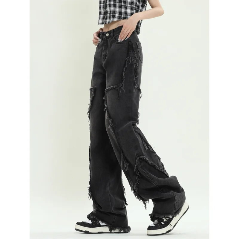 Juodi džinsai, moteriški tvirti aukštu juosmeniu, nudėvėtos amerikietiškos plačios kelnės, madingos Y2K kuprinės vintažinės moteriškos NAUJOS rudeninės tiesios kelnės