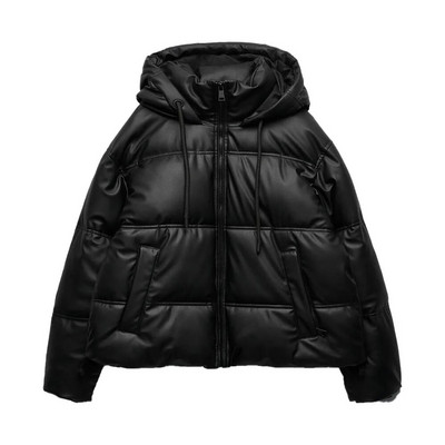 Rudens ir žiemos nauji moteriški drabužiai europietiška ir amerikietiška gatvės stiliaus dirbtinės odos trumpa medvilninė striukė su gobtuvu