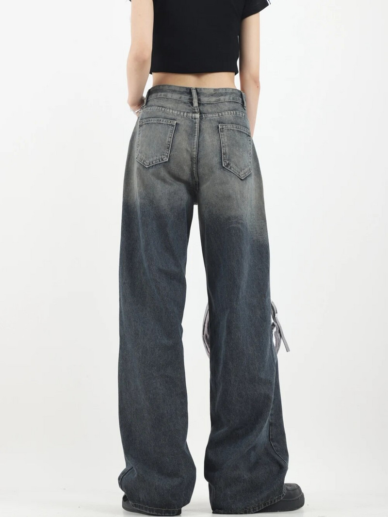 Solid Vintage teksad Naiste sügisriided Korsett Tõmbavad püksid Kõrge vöökohaga sirge laia säärega püksid Y2k riided naistele