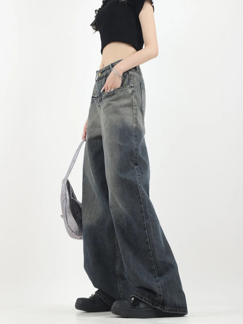 Solid Vintage teksad Naiste sügisriided Korsett Tõmbavad püksid Kõrge vöökohaga sirge laia säärega püksid Y2k riided naistele