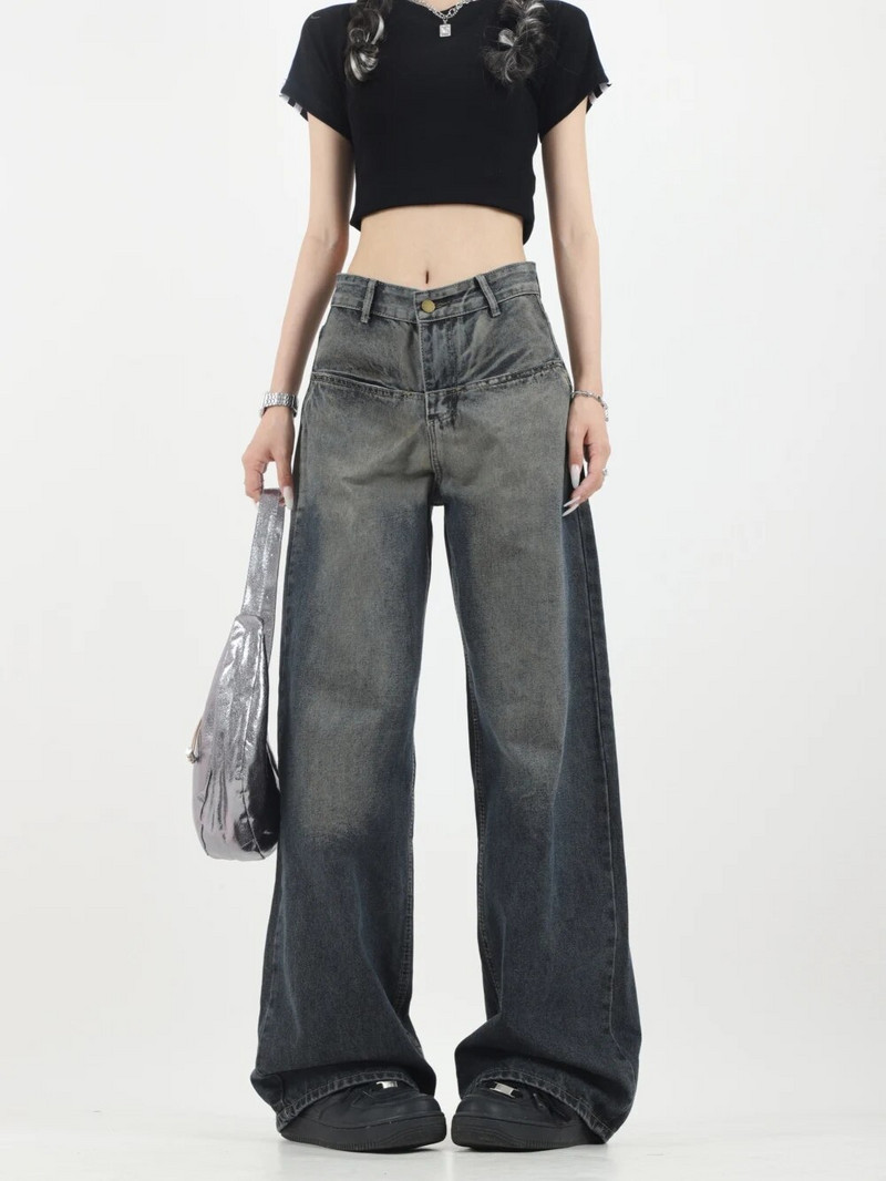 Solid Vintage teksad Naiste sügisriided Korsett Tõmbavad püksid Kõrge vöökohaga sirge laia säärega püksid Y2k riided naistele