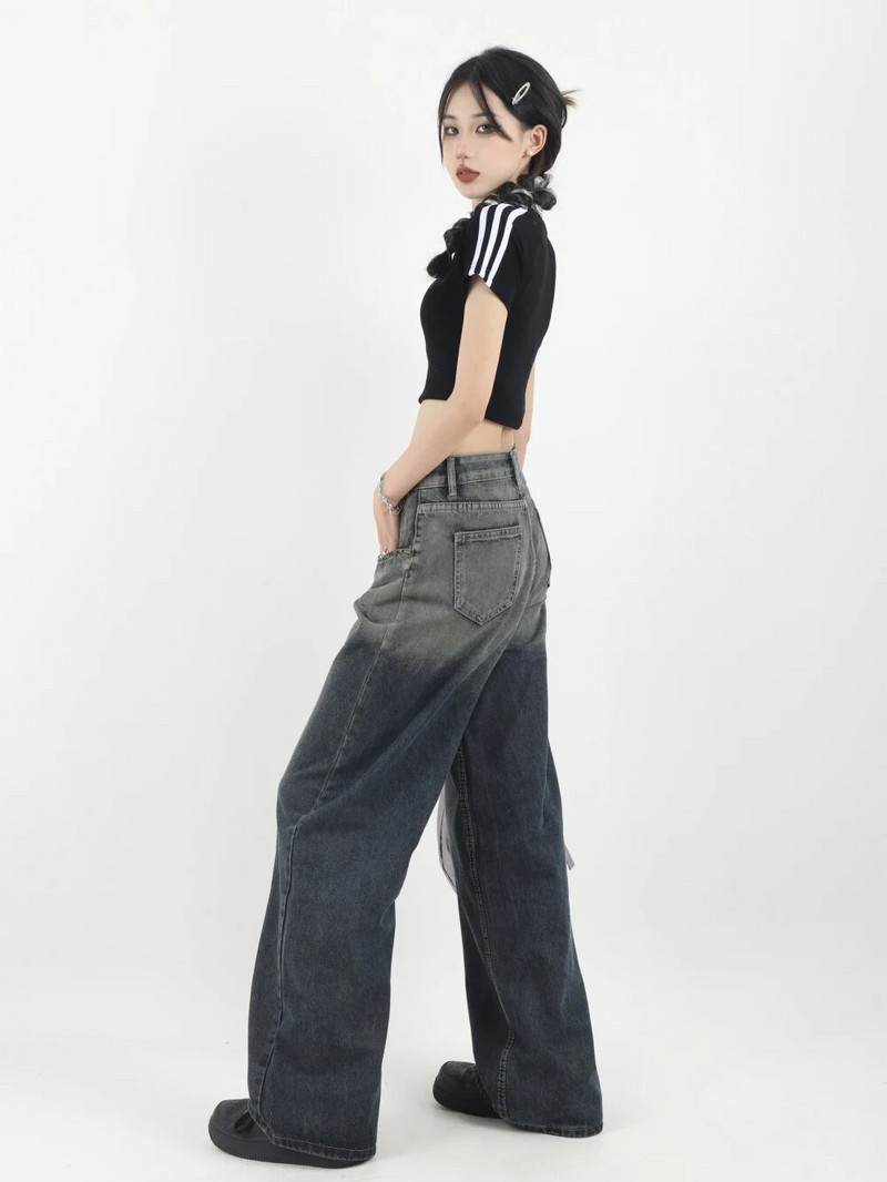 Solid Vintage teksad Naiste sügisriided Korsett Tõmbavad püksid Kõrge vöökohaga sirge laia säärega püksid Y2k riided naistele