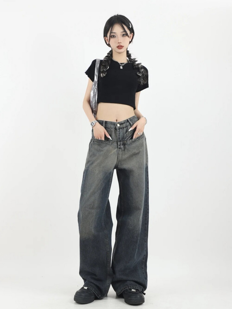 Solid Vintage teksad Naiste sügisriided Korsett Tõmbavad püksid Kõrge vöökohaga sirge laia säärega püksid Y2k riided naistele