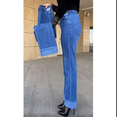 Keskealised naiste teksad Kevad sügisene veniv vöökoht sirge teksapüksid suured vabad kõrge vöökohaga vabaaja mustad sinised püksid