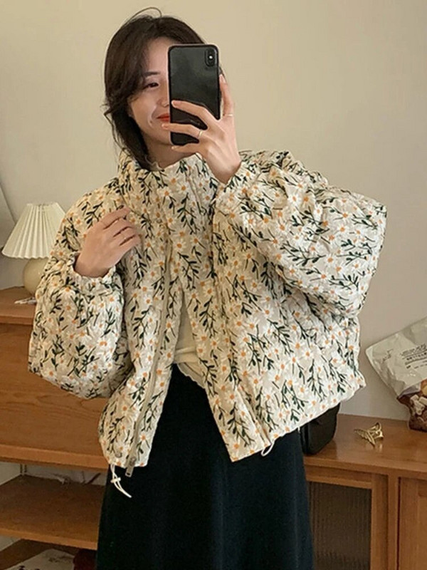 Ziedu apdruka Ziemas Parkas Sieviešu Statīvs Apkakles Rāvējslēdzējs Brīvs Stepēts Mētelis Korejiešu Modes Biezs Silts Tops ar garām Piedurknēm