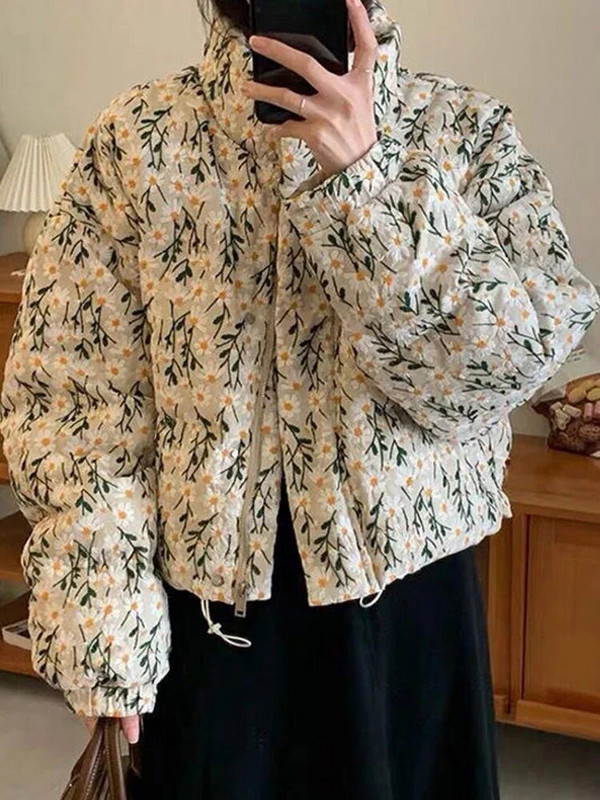 Ziedu apdruka Ziemas Parkas Sieviešu Statīvs Apkakles Rāvējslēdzējs Brīvs Stepēts Mētelis Korejiešu Modes Biezs Silts Tops ar garām Piedurknēm