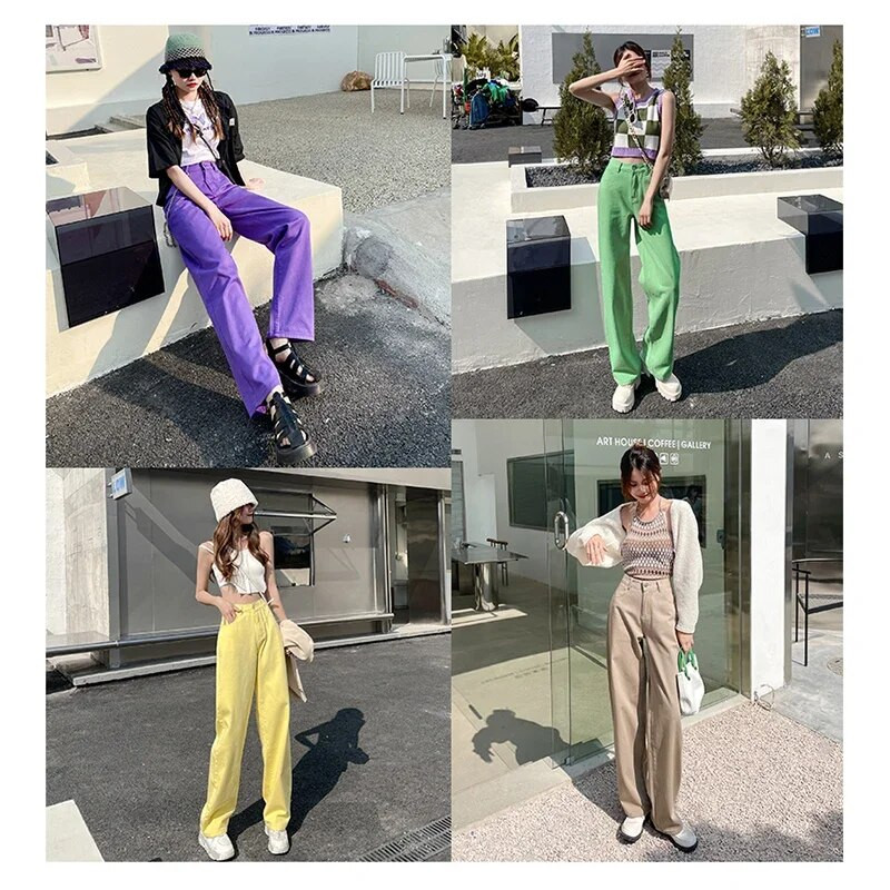Moteriški džinsai Baggy Vintažinis tiesus aukštu juosmeniu Korėjos mados gatvės apranga Laisvalaikio kelnės moteriškos plačios kelnės Purpurinės mamos džinsinės kelnės