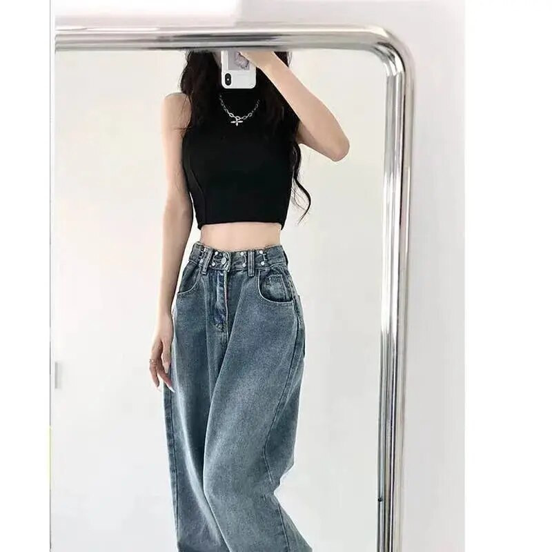 Kõrge vöökohaga naiste teksad Harajuku Vintage BF stiilis tänavarõivad lahtised moe naised laia säärega teksapüksid vabaaja püksid