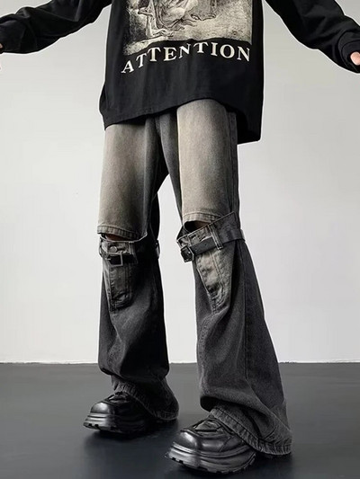 Harajuku mood retro laia säärega püksid, õõnsad lapilised lahtised püksid täispikkuses puuvillased teksapüksid hiphop sirged tänavarõivad