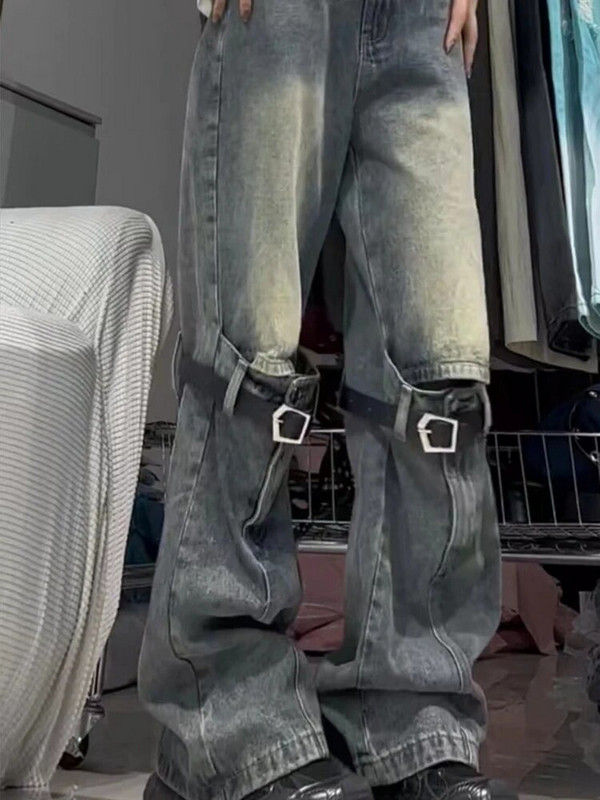 Harajuku mood retro laia säärega püksid, õõnsad lapilised lahtised püksid täispikkuses puuvillased teksapüksid hiphop sirged tänavarõivad