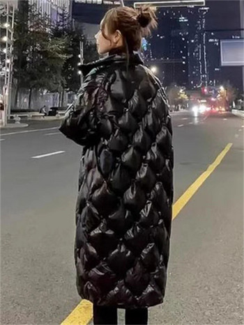 Βαμβακερό πουπουλένιο γυναικείο παλτό μαύρο διαμάντι καρό με μακρύ χαλαρό γιακά ζεστό μπουφάν 2023 Φθινόπωρο Χειμώνας Νέα μόδα casual ρούχα