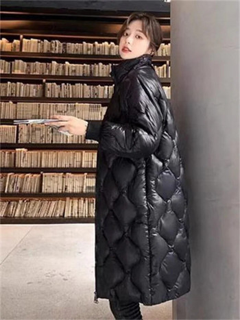 Βαμβακερό πουπουλένιο γυναικείο παλτό μαύρο διαμάντι καρό με μακρύ χαλαρό γιακά ζεστό μπουφάν 2023 Φθινόπωρο Χειμώνας Νέα μόδα casual ρούχα