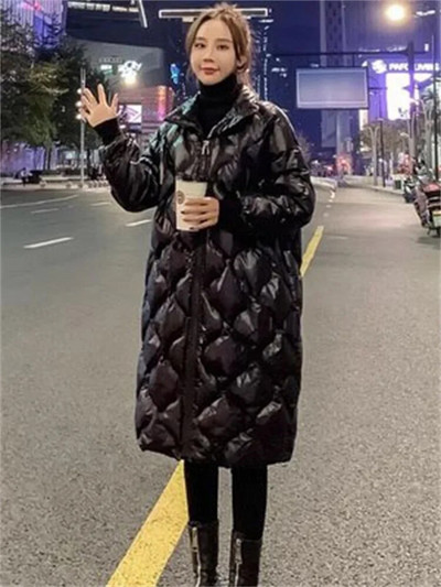 Pūkinis medvilninis paltas, moteriškas juodas deimantinis pledas, ilgas laisvas stovimas apykakle, šilta striukė 2023 m. rudens žiema nauja madinga laisvalaikio apranga