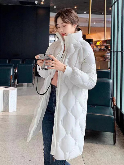 Pūkinis medvilninis paltas, moteriškas juodas deimantinis pledas, ilgas laisvas stovimas apykakle, šilta striukė 2023 m. rudens žiema nauja madinga laisvalaikio apranga