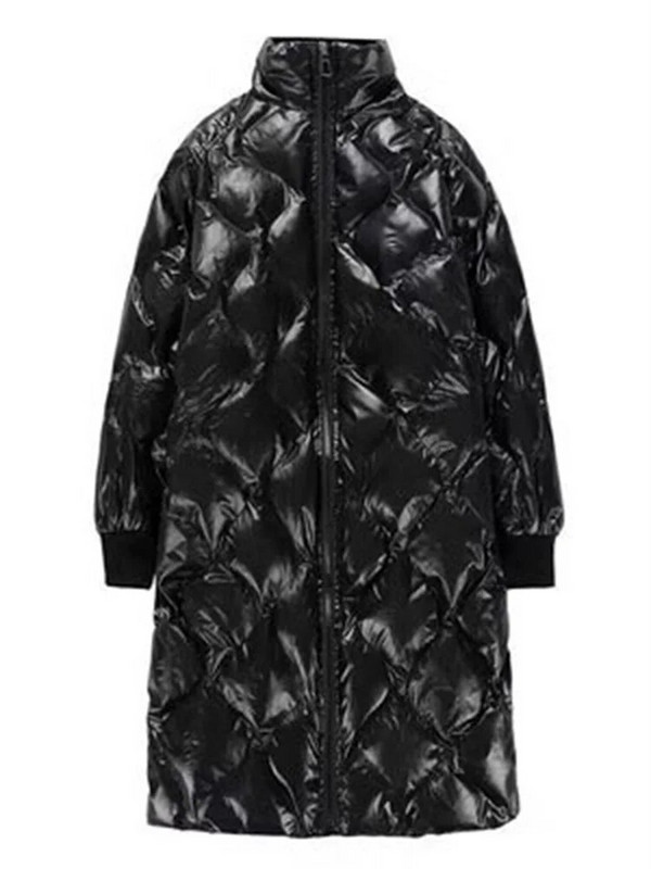 Pūkinis medvilninis paltas, moteriškas juodas deimantinis pledas, ilgas laisvas stovimas apykakle, šilta striukė 2023 m. rudens žiema nauja madinga laisvalaikio apranga