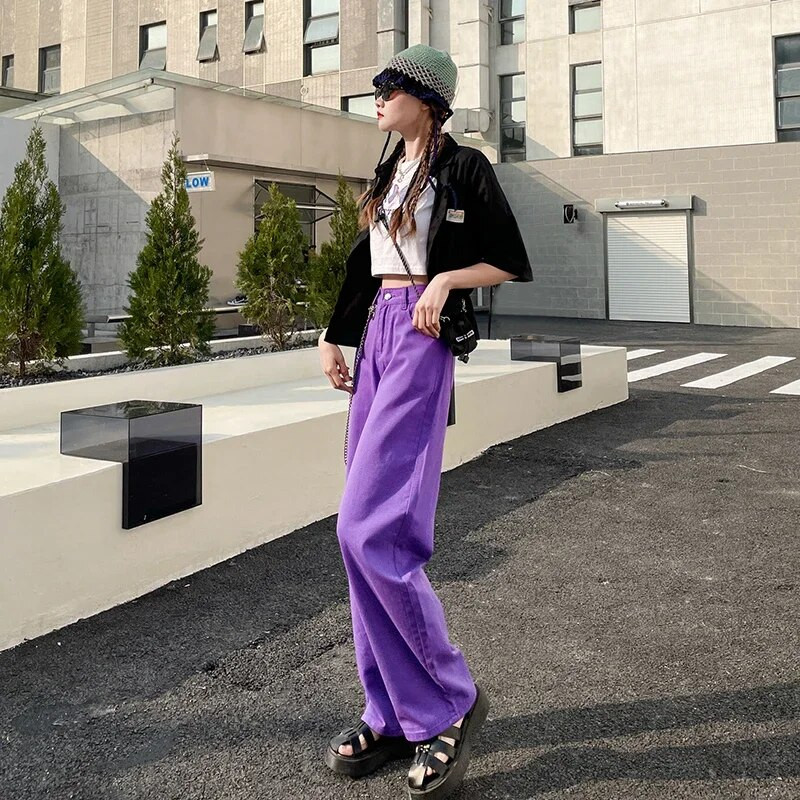 Purpursarkani džinsi 2022. gada pavasara vintage džinsa bikses Modes, elegantas vienkrāsainas bikses, ikdienas sieviešu džinsi ar augstu vidukli