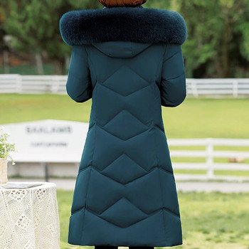 Зимно яке за жени Палто с кожена яка с качулка 2023 Нова дебела топла дълга парка Висококачествено дамско подплатено палто на средна възраст