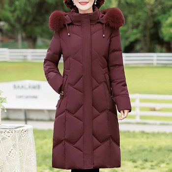 Χειμερινό μπουφάν για γυναικείο πανωφόρι με κουκούλα γιακά γούνας 2023 Νέο χοντρό ζεστό μακρύ πάρκο υψηλής ποιότητας Γυναικείο παλτό μέσης ηλικίας με επένδυση
