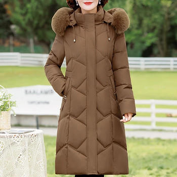 Зимно яке за жени Палто с кожена яка с качулка 2023 Нова дебела топла дълга парка Висококачествено дамско подплатено палто на средна възраст