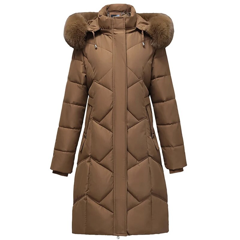Žieminė striukė moterims Paltas su gobtuvu kailinė apykaklė 2023 m. Nauja Stora Šilta Ilga Parka Aukštos kokybės vidutinio amžiaus moteriškas paminkštintas paltas
