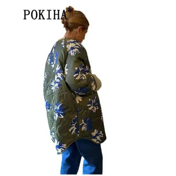 Pokiha Fashion Women Lambswool Ежедневно дебело топло яке с флорален принт Палто Vintage Дамско връхно облекло с копчета с дълъг ръкав Зимно ново