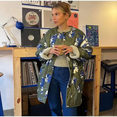 Pokiha mood naiste lambavill vabaaja paks soe lillemustriga jope Vintage pikkade varrukatega nööbiga naiste pealisriided talv uus