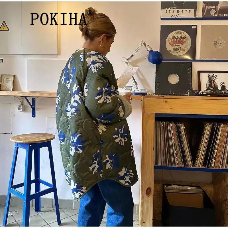 Pokiha mood naiste lambavill vabaaja paks soe lillemustriga jope Vintage pikkade varrukatega nööbiga naiste pealisriided talv uus